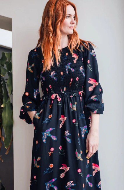 VESTIDO MIDI FOLK BIRDS
